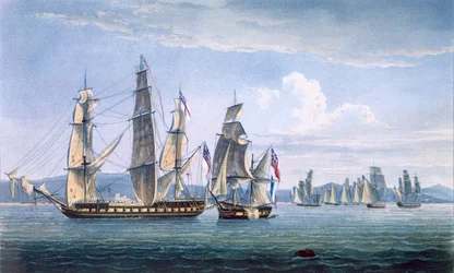 A captura de Le Sparvière em 3 de maio de 1810, gravada por T. Sutherland para "A cronologia naval da Grã-Bretanha", de J. Ralfe, publicada em 1820